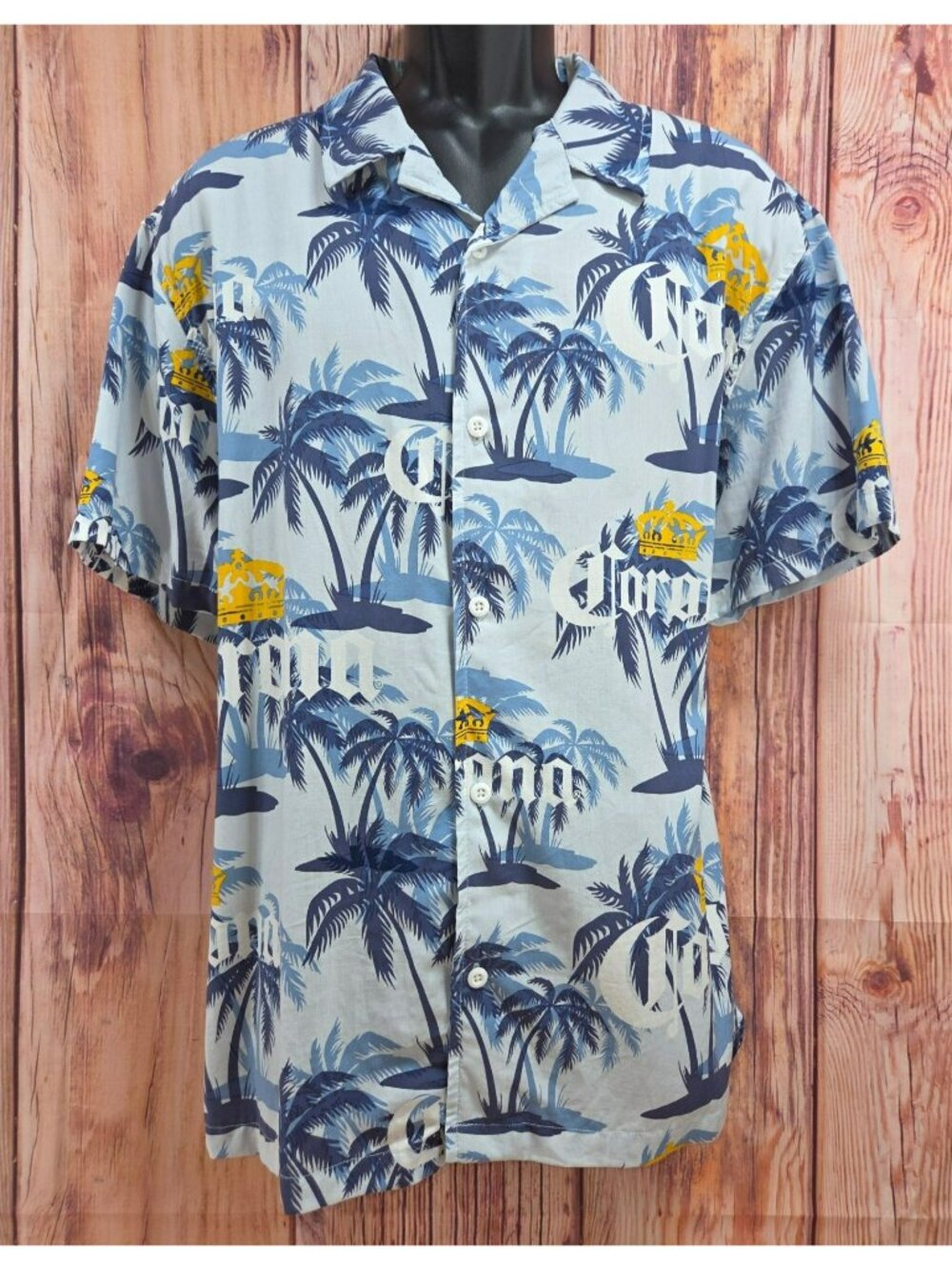 Corona Extra Hawaiian Button-Up Shirt Large Palm Tree Print Blue